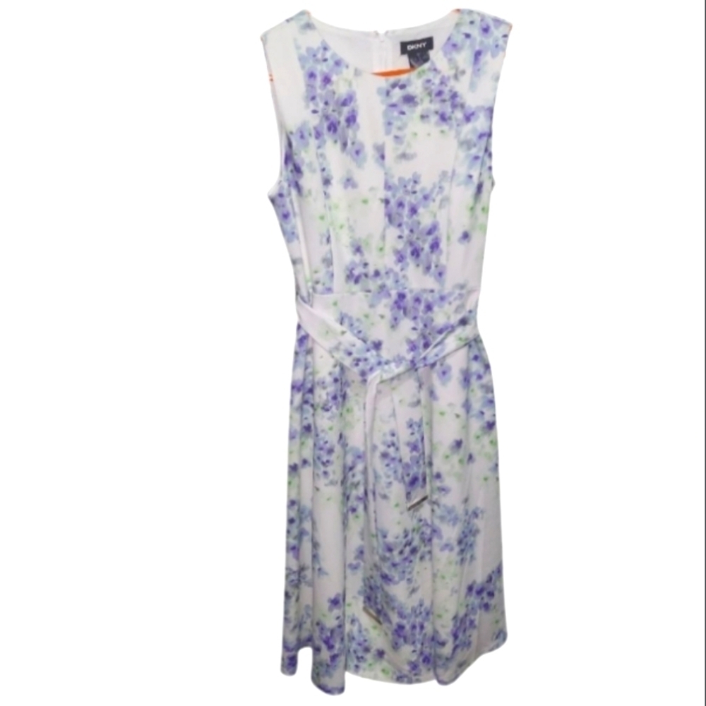 DKNY Purple Floral Sleeveless Belted Midi Dress